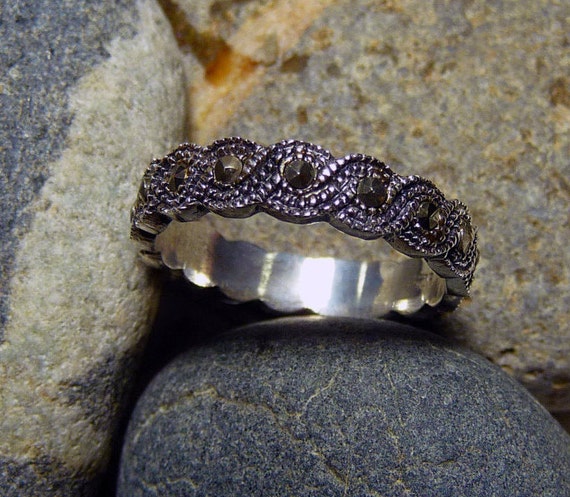 Victorian Wedding Marcasite Ring, Sterling Band, N
