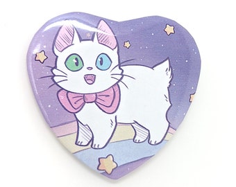 Japanese Bobtail Kitty Heart Pinback Button | Cute Cat Tin Badge | White Kitten on a Rainbow Pin