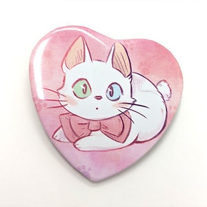 Japanese Bobtail Kitty Heart Pinback Button | Cute Cat Tin Badge | White Kitten on a Pink Pin
