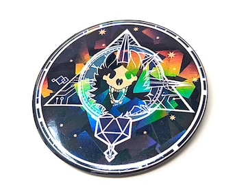 Frekki Wolf Pinback Button | Dice Clock Compass Tin Badge | Art Deco Skull Holographic Pin