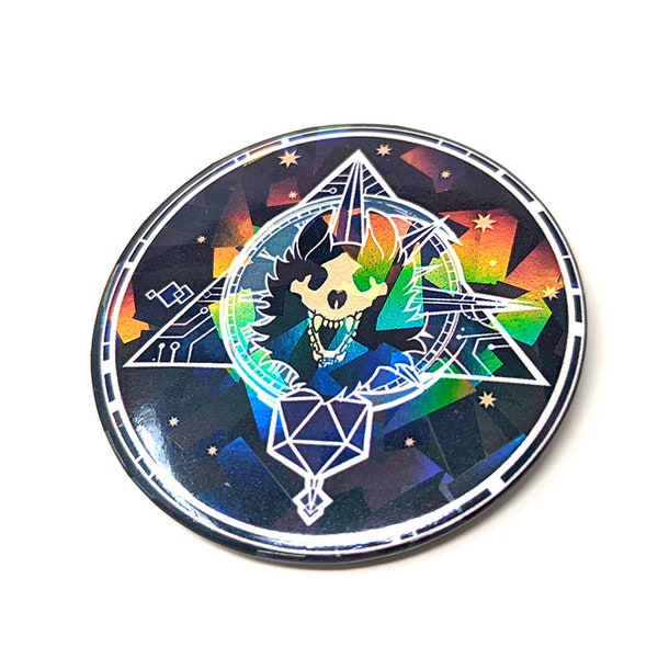 Frekki Wolf Pinback Button | Dice Clock Compass Tin Badge | Art Deco Skull Holographic Pin