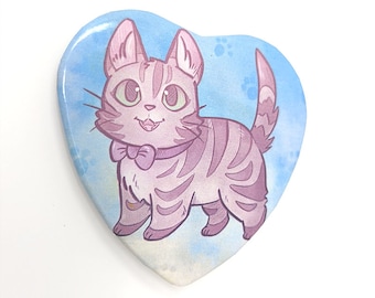 Bitty Kitty Heart Pinback Button | Cute Cat Tin Badge | Brown Striped Kitten Pin
