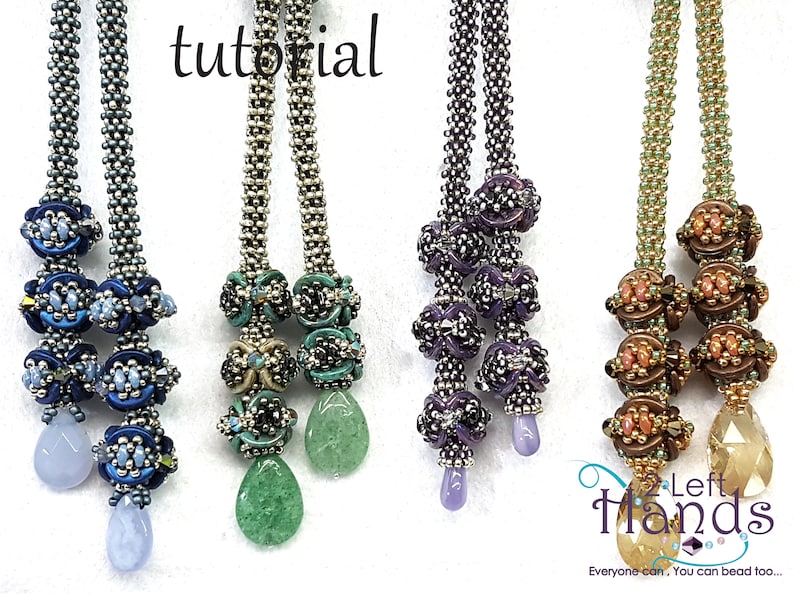 May include: Four pairs of beaded necklaces with different coloured beads and pendants. The necklaces are made with silver-coloured seed beads and feature a variety of colours, including blue, green, purple, and brown. The word "tutorial" is written in white letters on a black background at the top of the image. The text "Left Hands" is written in white letters on a black background at the bottom of the image. The text "Everyone can, You can bead too..." is written in white letters on a black background below the text "Left Hands".