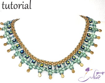 Patrones de red de cuentas, Tutorial de collar de cuentas, Patrón paso a paso, Tutoriales de tejido de cuentas, Joyería de cuentas, Collar "netgem"
