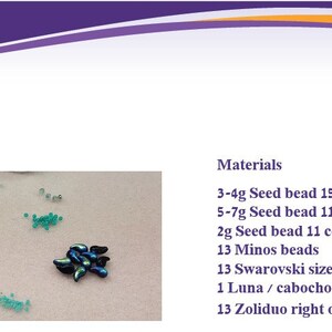 May include: A close-up of various beads and materials for jewelry making. The image includes turquoise seed beads, green seed beads, blue and black iridescent beads, a turquoise cabochon, and a small pile of silver seed beads.