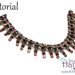 May include: A beaded necklace with a fringe of copper-colored teardrop beads. The necklace is made with black, brown, and pink beads in a geometric pattern. The necklace is labeled "2 Left Hands" and the text "Everyone can, You can bead too..."