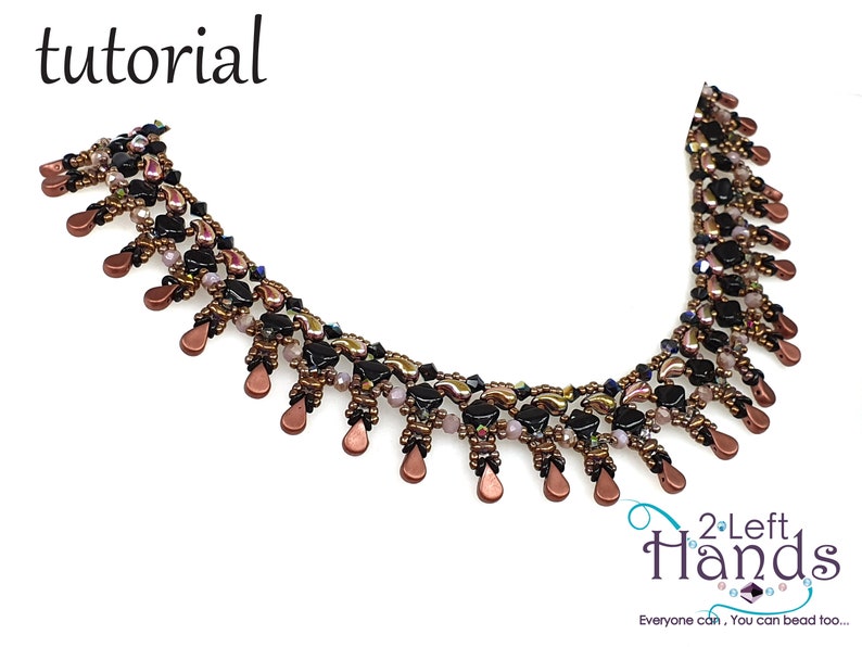 May include: A beaded necklace with a fringe of copper-colored teardrop beads. The necklace is made with black, brown, and pink beads in a geometric pattern. The necklace is labeled "2 Left Hands" and the text "Everyone can, You can bead too..."