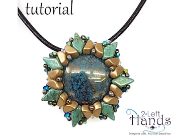 Puede incluir: Un collar con un colgante de cuentas turquesa y doradas con un texto de tutorial superpuesto. El colgante presenta un gran cabujón turquesa rodeado de cuentas doradas y turquesas.
