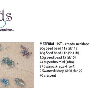 May include: A close-up of a variety of beads and findings for jewellery making. The beads are in different sizes and colours, including silver, blue, and clear. The findings include crescent shapes and superduo beads. The text "MATERIAL LIST - creadu necklace" is visible in the image.