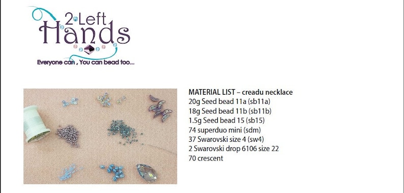 May include: A close-up of a variety of beads and findings for jewellery making. The beads are in different sizes and colours, including silver, blue, and clear. The findings include crescent shapes and superduo beads. The text "MATERIAL LIST - creadu necklace" is visible in the image.