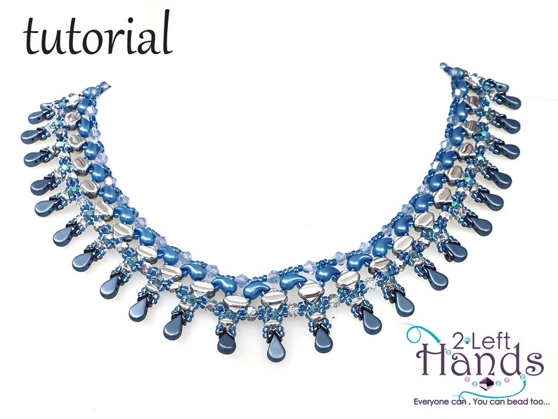 May include: A blue and silver beaded necklace with a teardrop design. The necklace is made with small beads and has a delicate, feminine look. The necklace is called "2 Left Hands" and the text "Everyone can, You can bead too..." is below the necklace.