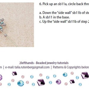 May include: A close-up image of a beaded jewellery tutorial showing a step-by-step guide on how to create a beaded design. The image shows a wire with beads on it, and the text describes the steps involved in creating the design. The text includes instructions on how to pick up a bead, circle back through other beads, and create a side wall.