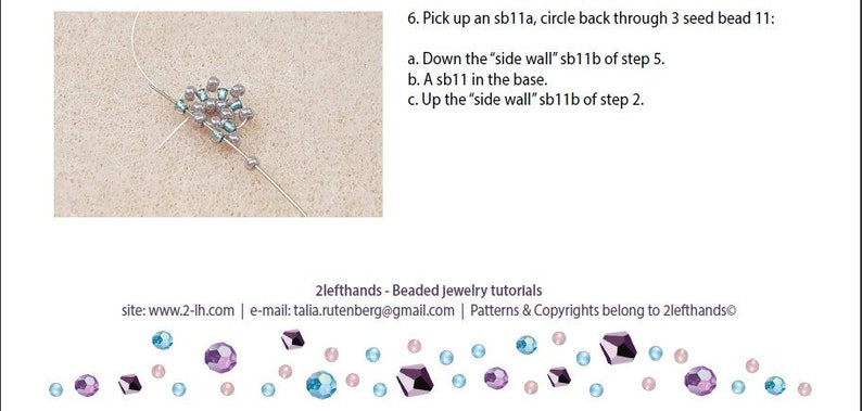 May include: A close-up image of a beaded jewellery tutorial showing a step-by-step guide on how to create a beaded design. The image shows a wire with beads on it, and the text describes the steps involved in creating the design. The text includes instructions on how to pick up a bead, circle back through other beads, and create a side wall.