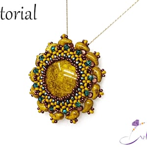 May include: A gold, brown, and teal beaded pendant necklace with a large, round, yellow stone in the center. The pendant is in the shape of a flower.