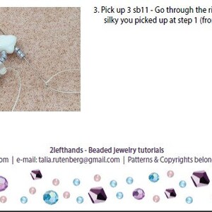 May include: A close-up of a beaded jewelry tutorial showing a white bead with silver beads and a silver teardrop charm. The image includes text that reads "3. Pick up 3 sb11 - Go through the right hole of the same silky you picked up at step 1 (from bottom to top)" and "2lefthands - Beaded Jewelry tutorials site: www.2-lh.com | e-mail: talia.rutenberg@gmail.com | Patterns & Copyrights belong to 2lefthandso".