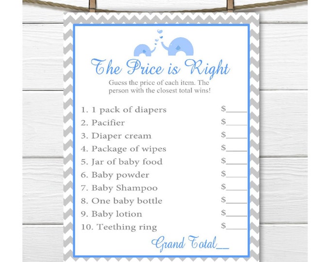 The Price is right Baby Shower Game Printable, Boy Baby Shower Games, Elephant Baby Shower