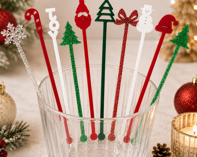 Christmas Acrylic Drink Stirrers, Holiday Party Decor, Christmas Cocktail Swizzle Stick