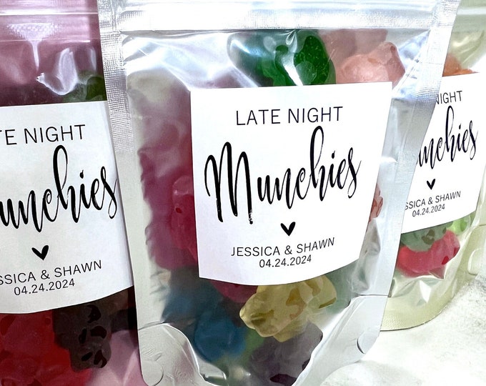 Wedding Favor Bags and Stickers, Late Night Munchies, Wedding Snack Bags, Favor Bags, Stand Up Zip Pouches