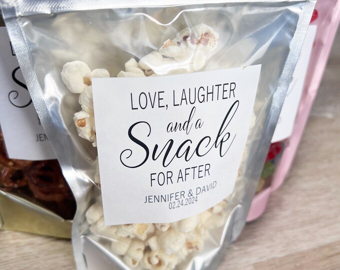 Wedding Treat Bags and Stickers, Love Laughter and a Snack for After, Wedding Snack Bags, Favor Bags, Stand Up Zip Pouches