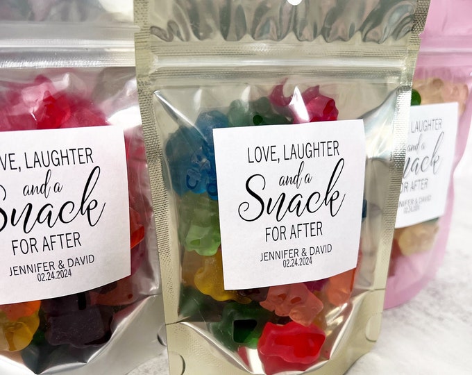 Wedding Favor Bags and Stickers, Love Laughter and a Snack for After, Wedding Snack Bags, Favor Bags, Stand Up Zip Pouches