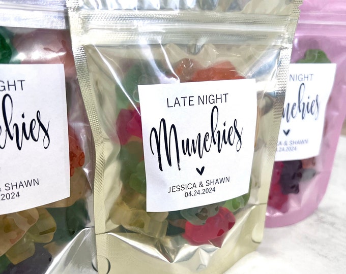 Wedding Favor Bags and Stickers, Late Night Munchies, Wedding Snack Bags, Favor Bags, Stand Up Zip Pouches