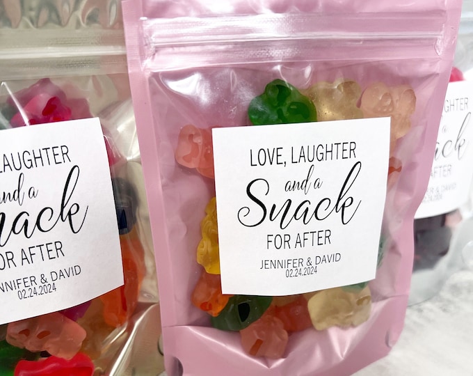 Wedding Favor Bags and Stickers, Love Laughter and a Snack for After, Wedding Snack Bags, Favor Bags, Stand Up Zip Pouches