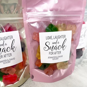 Wedding Favor Bags and Stickers, Love Laughter and a Snack for After, Wedding Snack Bags, Favor Bags, Stand Up Zip Pouches