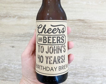 Może przedstawiać: Brązowa butelka piwa ze złotą zakrętką i etykietą z napisem "Cheers and Beers to John's 40 Years! Birthday Brew". Butelka jest trzymana przez osobę.