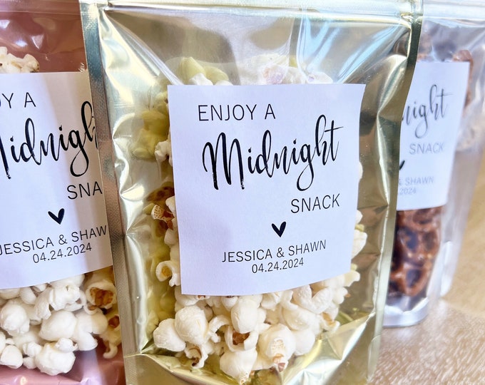 Wedding Treat Bags and Stickers, Enjoy a Midnight Snack, Wedding Snack Bags, Favor Bags, Stand Up Zip Pouches