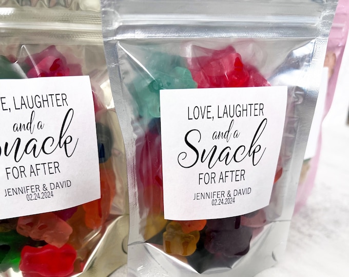 Wedding Favor Bags and Stickers, Love Laughter and a Snack for After, Wedding Snack Bags, Favor Bags, Stand Up Zip Pouches