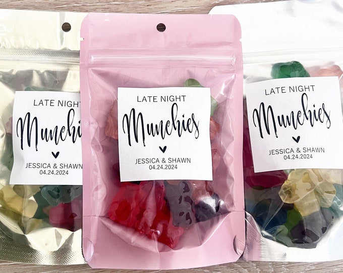 Wedding Favor Bags and Stickers, Late Night Munchies, Wedding Snack Bags, Favor Bags, Stand Up Zip Pouches