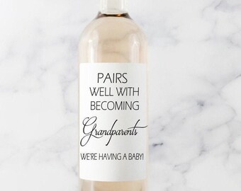 Baby Announcement Wine Labels, Pregnancy Announcement, Pairs Well With Being Grandparents, Wine Labels