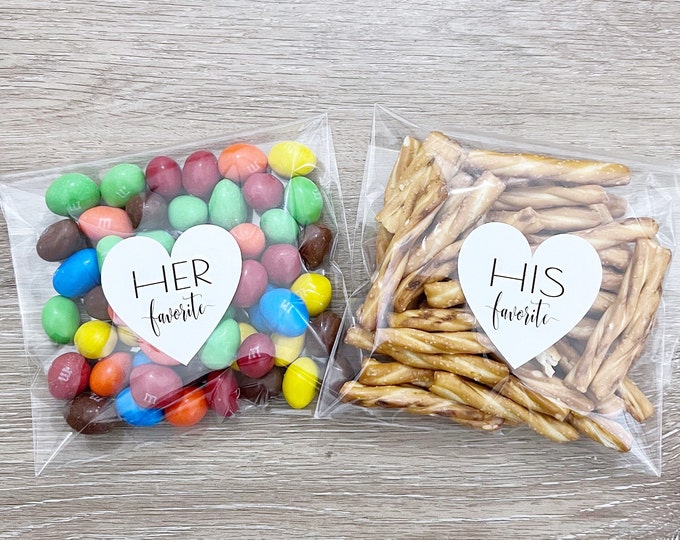 Wedding Favors, His and Her Favorite Heart Wedding Favor Bags, His and Her Favorite Labels, Wedding Stickers, Favor Bags