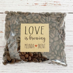 Coffee Wedding Favor Bags, Love is Brewing Labels, Coffee Wedding Stickers