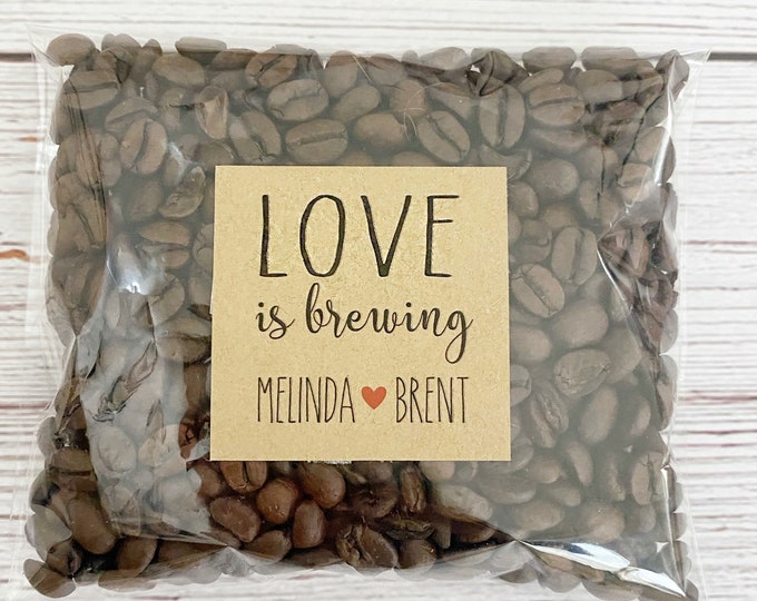 Coffee Wedding Favor Bags, Love is Brewing Labels, Coffee Wedding Stickers