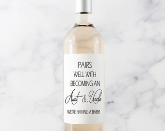 Baby Announcement Wine Labels, Pregnancy Announcement, Pairs Well With Becoming An Aunt and Uncle, Wine Labels,