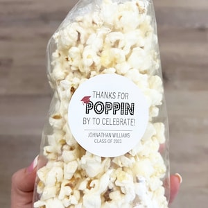 Graduation Popcorn Favor Bags & Stickers – Thanks for Poppin&#39; By – Personalized Grad Party Favor, Popcorn Treat Bags