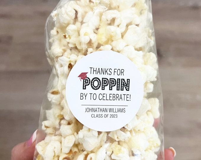 Graduation Popcorn Favor Bags & Stickers – Thanks for Poppin' By – Personalized Grad Party Favor, Popcorn Treat Bags