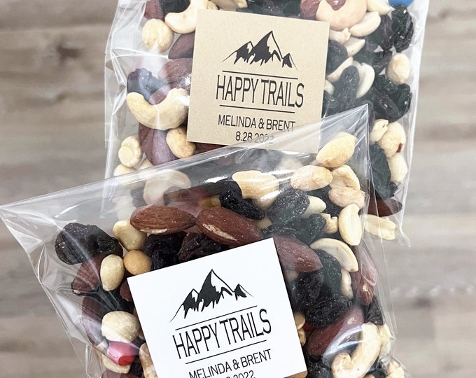 Happy Trails Favor Bags, Trail Mix Labels, Trail Mix Bags, Trail Mix Favors