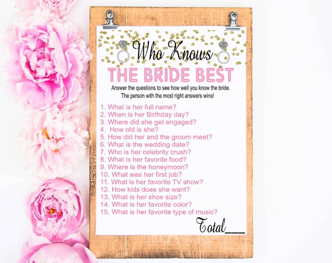 INSTANT DOWNLOAD Pink Printable Bridal Shower Game - Pink & GOLD Printable How Well Do You Know The Bride