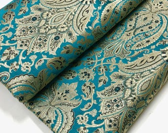 Tela de brocado azul verdoso dorado, tela jacquard, tela de lujo para vestido de novia, tela de brocado para tapicería, tela para decoración del hogar cortada a medida