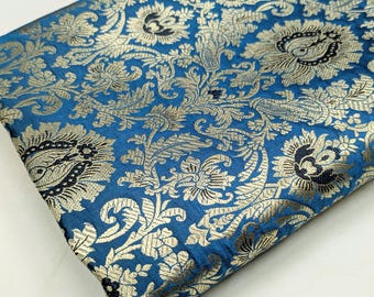 Indian Brocade fabric, Gold Jacquard damask Teal Blue Wedding Bridal Dress Material, Silk Brocade Upholstery Craft Fabric By the Yard/ Meter