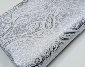 Tela de brocado Banarasi, brocado paisley blanco plateado, tela jacquard, tela gótica, tela cortada a medida/metro