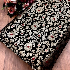 Banarasi Brocade Fabric Black Gold Jacquard Damask Silk fabric Wedding Festival Dress brocade Home decor brocade Fabric by the yard meter