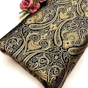 Brocade fabric Jacquard damask fabric Black Gold brocade Wedding bridal Dress fabric Silk Brocade Home Decor Upholstery Fabric By the Yard