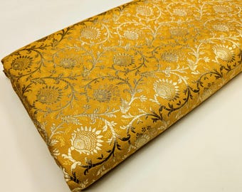 Tela de brocado jacquard Banarasi color oro mostaza. Tela de lujo para vestidos de novia. Tela de tapicería de brocado. Tela para decoración del hogar cortada a medida.