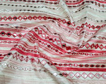 Geborduurde stof bruiloft Indiase jurk stof roze folie spiegel borduurstof bruids stof Home Decor geborduurde stof op maat gesneden