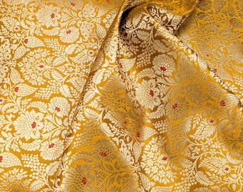 Tela de brocado jacquard Banarasi color oro mostaza. Tela de lujo para vestidos de novia. Tela de tapicería de brocado. Tela para decoración del hogar cortada a medida.