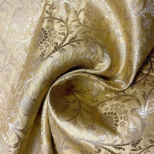 Beige & Gold Brocade fabric by the yard/meter Jacquard fabric Gift ideas Wedding bridal fabric Banarasi brocade satin brocade
