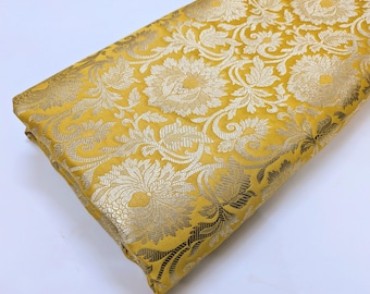 Yellow & Gold Banarasi Brocade Fabric, Rayon Art Silk, Home Decor